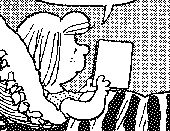 Dessin, style comics, personnage de Charles Schutz qui lit Plotin dans son lit