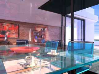 Intérieur design, image 3D, teintes bleues et roses