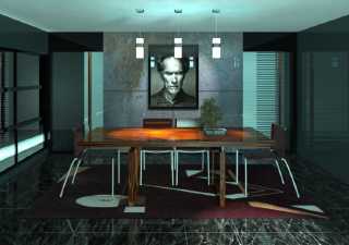 Autre intérieur design, teintes fauves, au mur portrait de Clint Eastwood