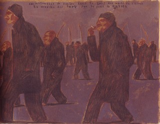 Hommes qui marchent, l'hiver, sur le pont de Galata