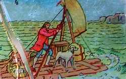 Robinson et son chien, sur son radeau