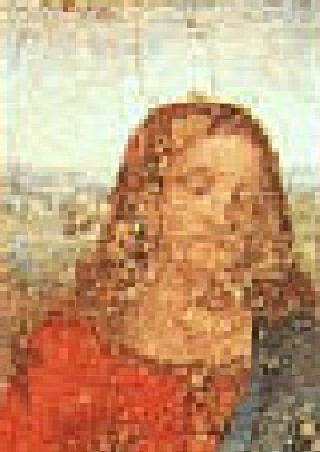 Vinci, La C&egrave;ne, cadrage sur le visage du Christ, tr&egrave;s gros plan