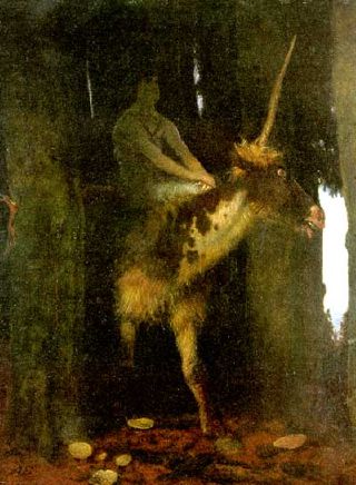 Arnold B&ouml;cklin, homme mont&eacute; sur un animal fabuleux dans la for&ecirc;t
