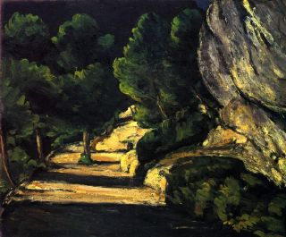 Chemin sous les pins, rochers, ombres violentes
