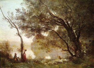 Jeune fille et enfants au bord d'un &eacute;tang