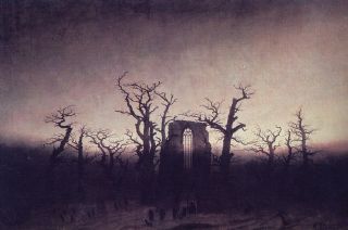 Abbaye en ruines, arbres morts, en contrejour sur un ciel sombre