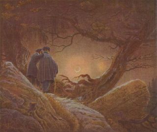 Deux hommes, arbre tordu, lune voil&eacute;e
