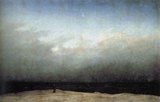 Plage d&eacute;serte, silhouette noire, ciel sombre