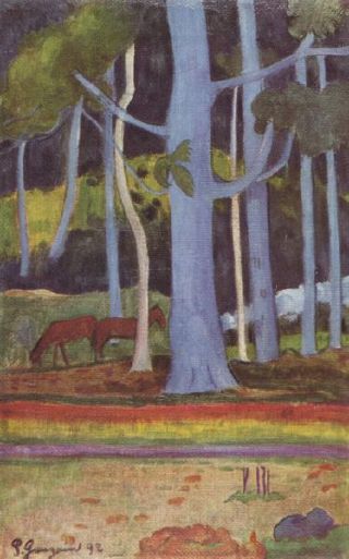 Chevaux dans une for&ecirc;t bleue
