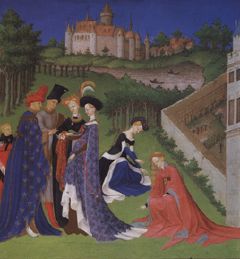 Personnages nobles dans un paysage de collines et de jardins