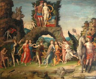Personnages mythologiques, paysage, vu sous l'arche d'un rocher