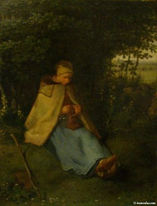 Berg&egrave;re qui tricote sous un arbre