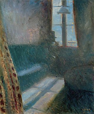 Homme assis &agrave; sa fen&ecirc;tre, dans le noir, la nuit