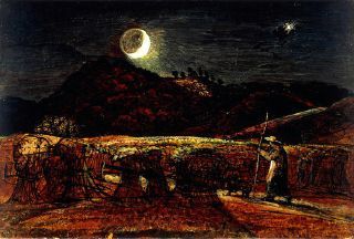 Lune pourvue d'un halo, sur des moissonneurs