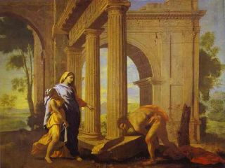 Paysage, vu entre les colonnes d'un &eacute;difice antique