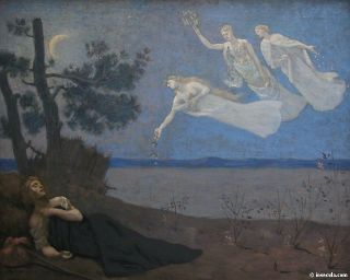 Femme endormie dans la nature, figures surnaturelles dans le ciel nocturne