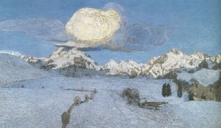 Paysage de neige en haute montagne, femmes, tra&icirc;neau mortuaire