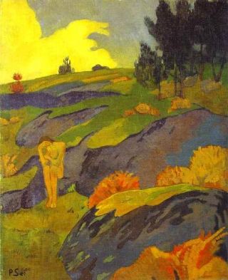 Eve nue dans un paysage breton, couleurs intenses, dominante jaune vif et orange vif