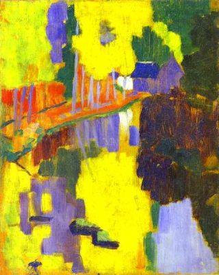 Reflets dans l'eau, couleurs intenses, dominante jaune vif