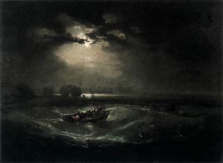 Maigre rayon de lune sur une mer tr&egrave;s noire, navire en perdition