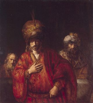 Rembrandt, Ahasuerus, Haman et Harbona