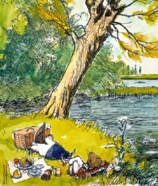 Taupe et Rat pique-niquent au bord de la rivi&egrave;re.